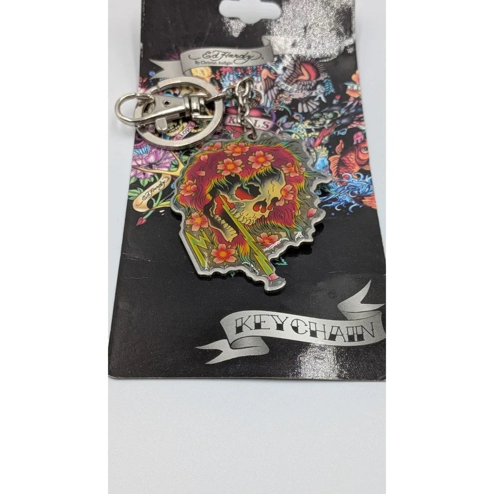 ed hardy by christian audigier Ghost Keychain New Skull Flower Design Y2k Vtg